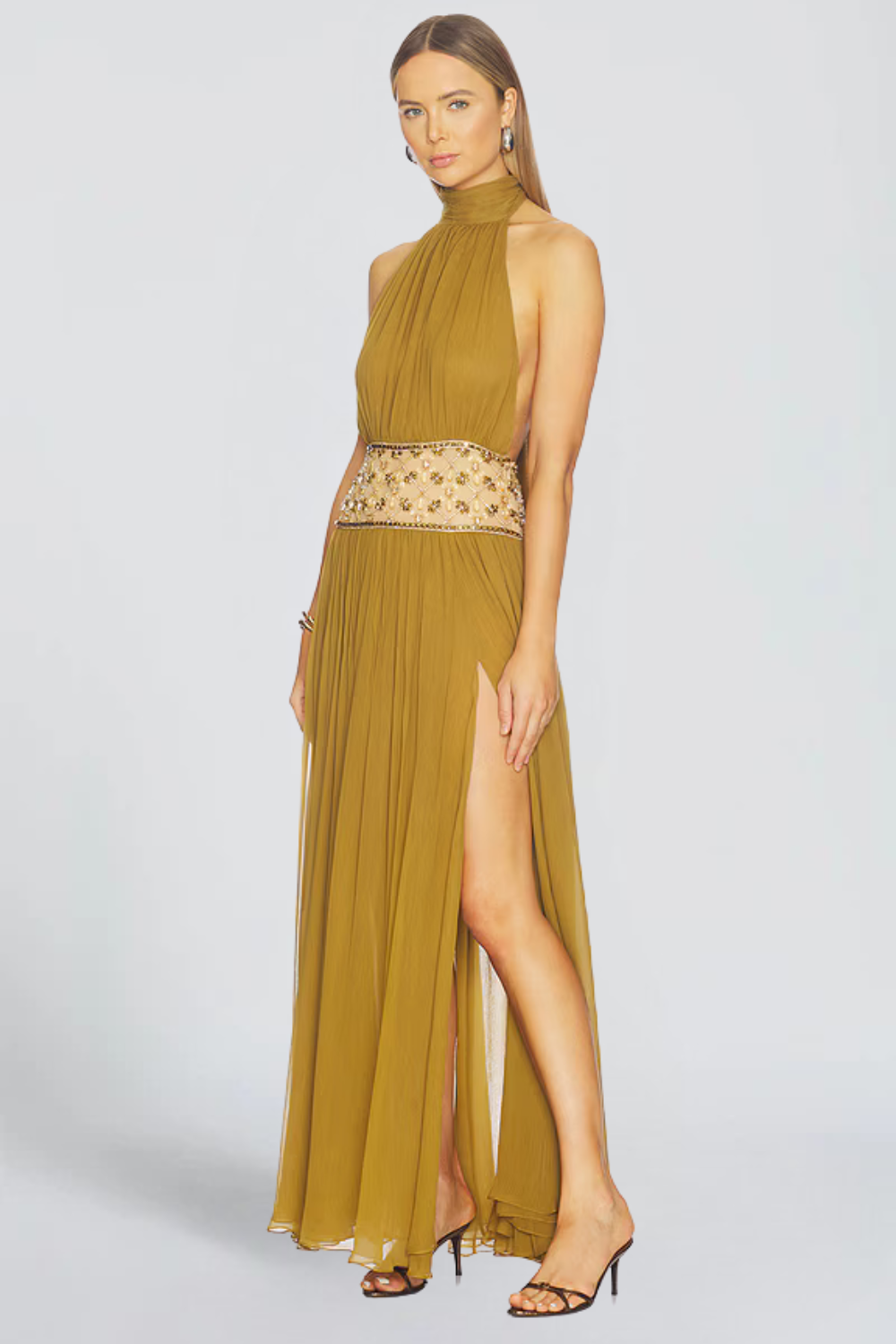 Sarah Lambert | Embellished Halter Chiffon Maxi Dress – Beaded Sheer Waist Thigh Slit Evening Gown