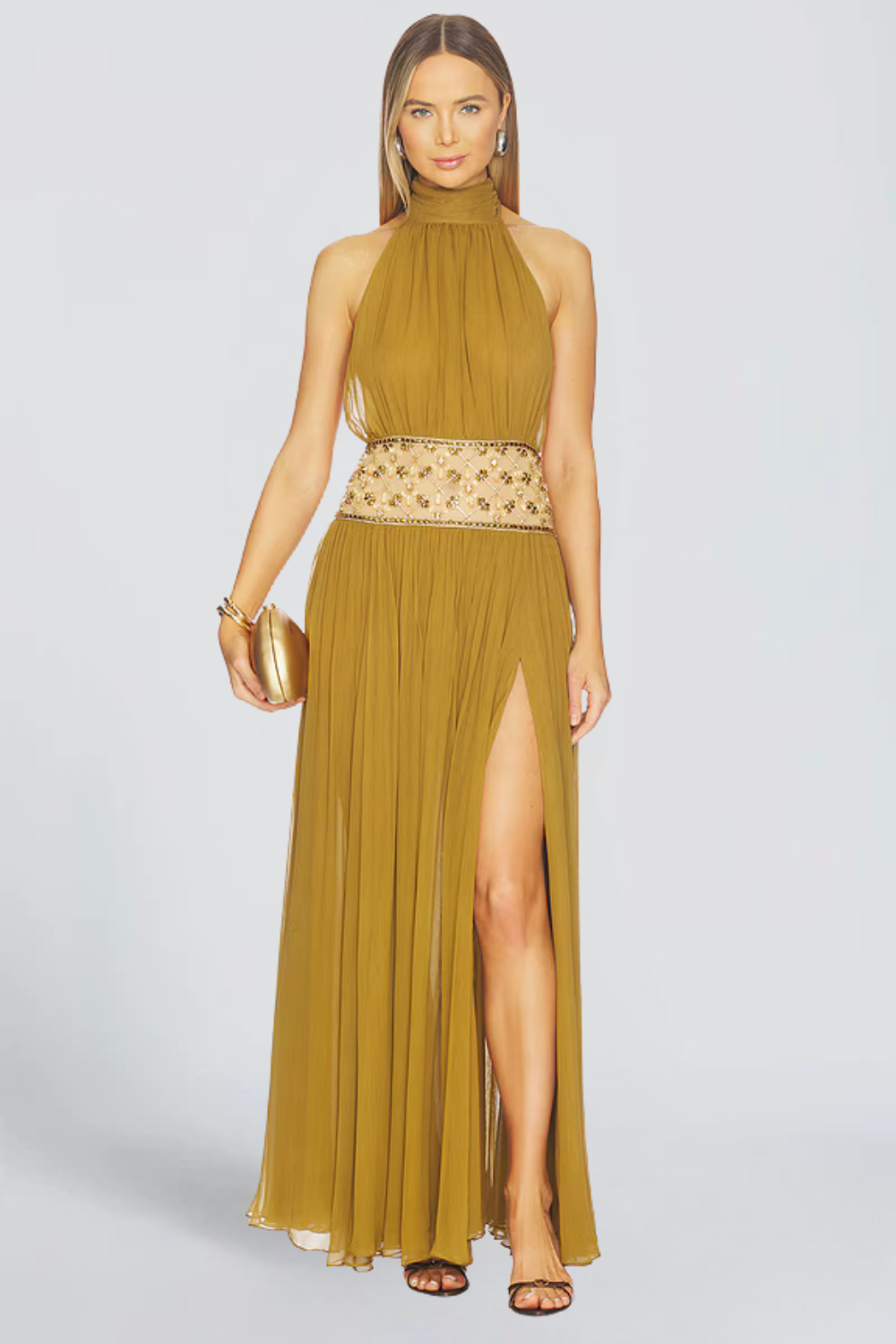 Sarah Lambert | Embellished Halter Chiffon Maxi Dress – Beaded Sheer Waist Thigh Slit Evening Gown