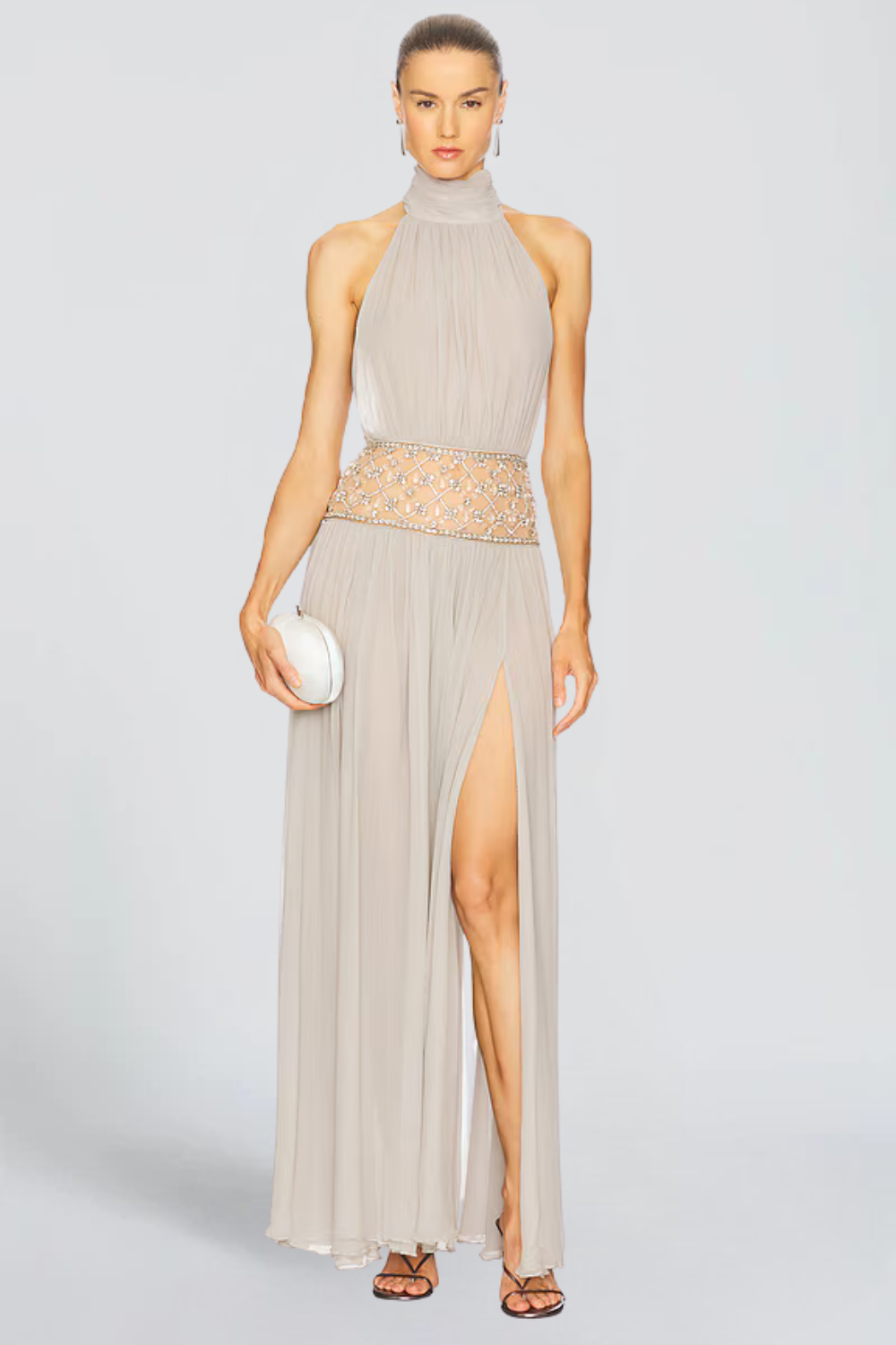Sarah Lambert | Embellished Halter Chiffon Maxi Dress – Beaded Sheer Waist Thigh Slit Evening Gown