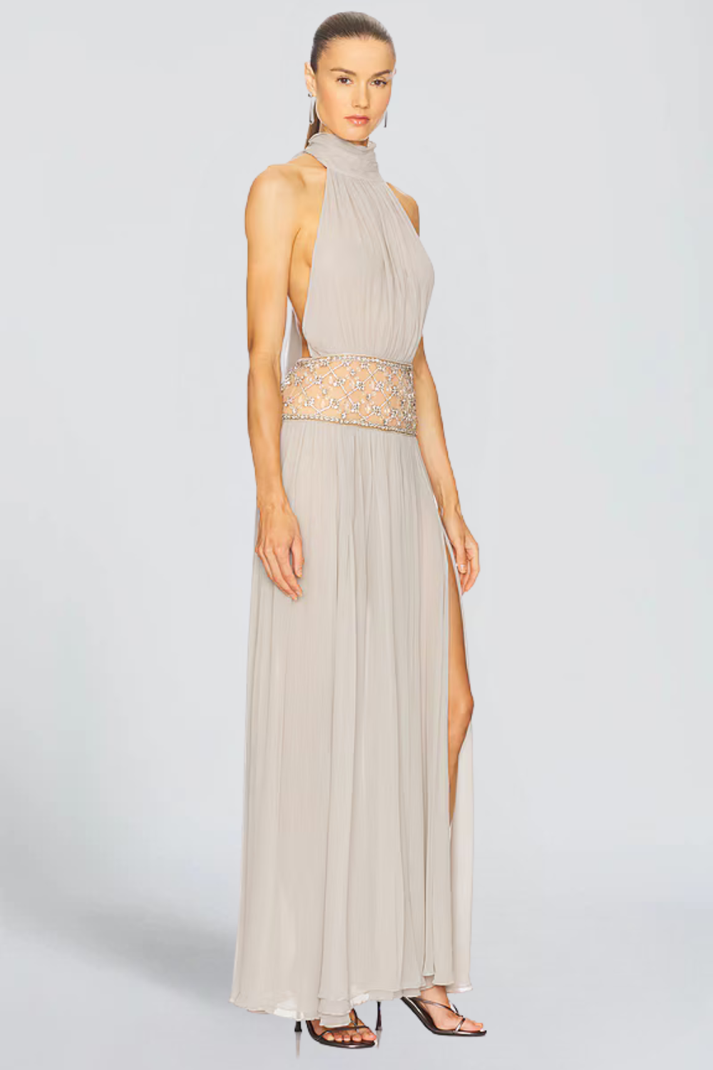 Sarah Lambert | Embellished Halter Chiffon Maxi Dress – Beaded Sheer Waist Thigh Slit Evening Gown