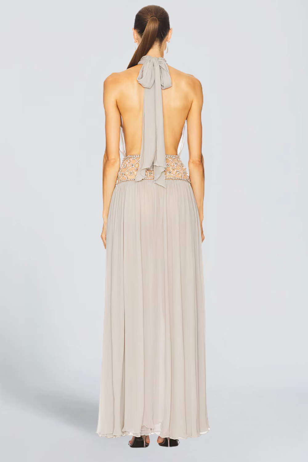 Sarah Lambert | Embellished Halter Chiffon Maxi Dress – Beaded Sheer Waist Thigh Slit Evening Gown