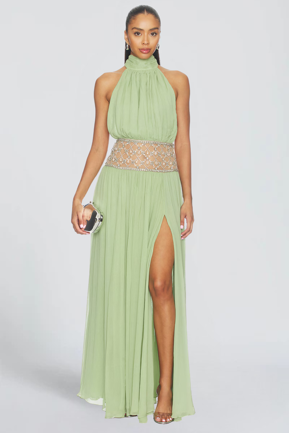 Sarah Lambert | Embellished Halter Chiffon Maxi Dress – Beaded Sheer Waist Thigh Slit Evening Gown