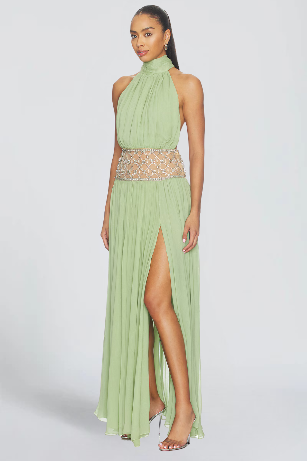 Sarah Lambert | Embellished Halter Chiffon Maxi Dress – Beaded Sheer Waist Thigh Slit Evening Gown
