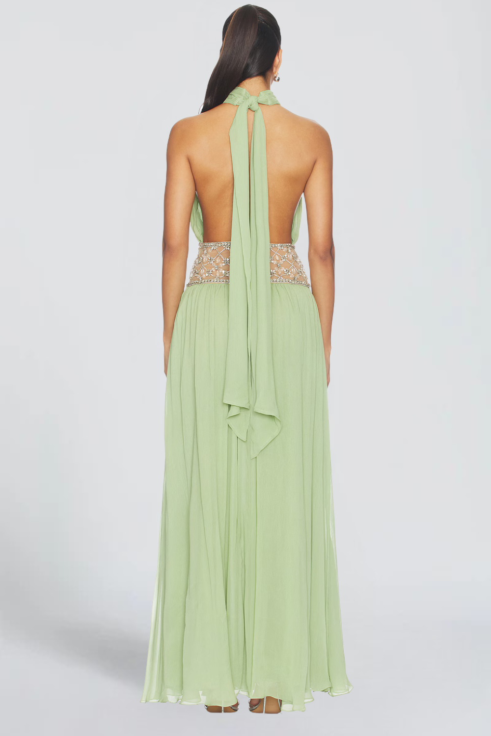 Sarah Lambert | Embellished Halter Chiffon Maxi Dress – Beaded Sheer Waist Thigh Slit Evening Gown