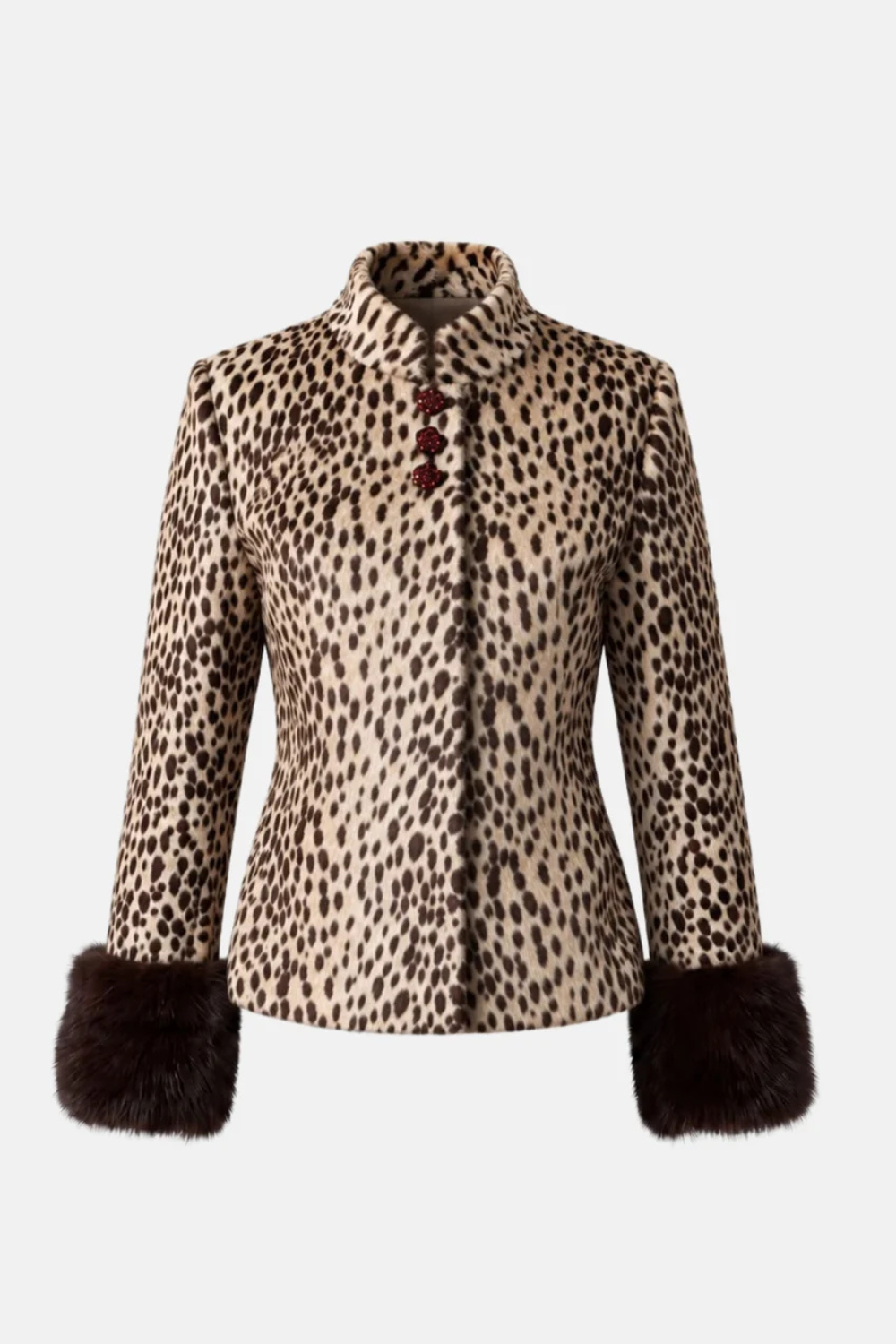 Marine Robin | Women's Leopard Print Jacket with Faux Fur Cuffs – Fitted Short Jacket