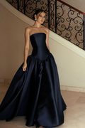 Juliette Moreau | Navy Satin Corset Ball Gown – Strapless Voluminous Maxi Formal Dress