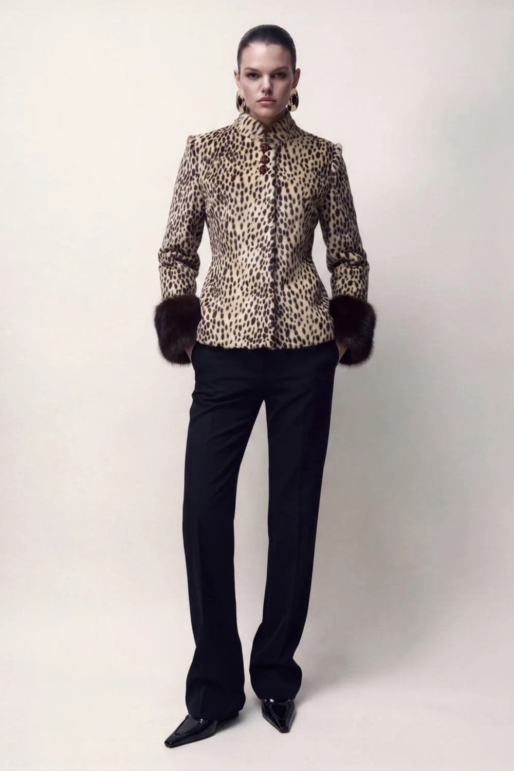 Marine Robin | Women's Leopard Print Jacket with Faux Fur Cuffs – Fitted Short Jacket