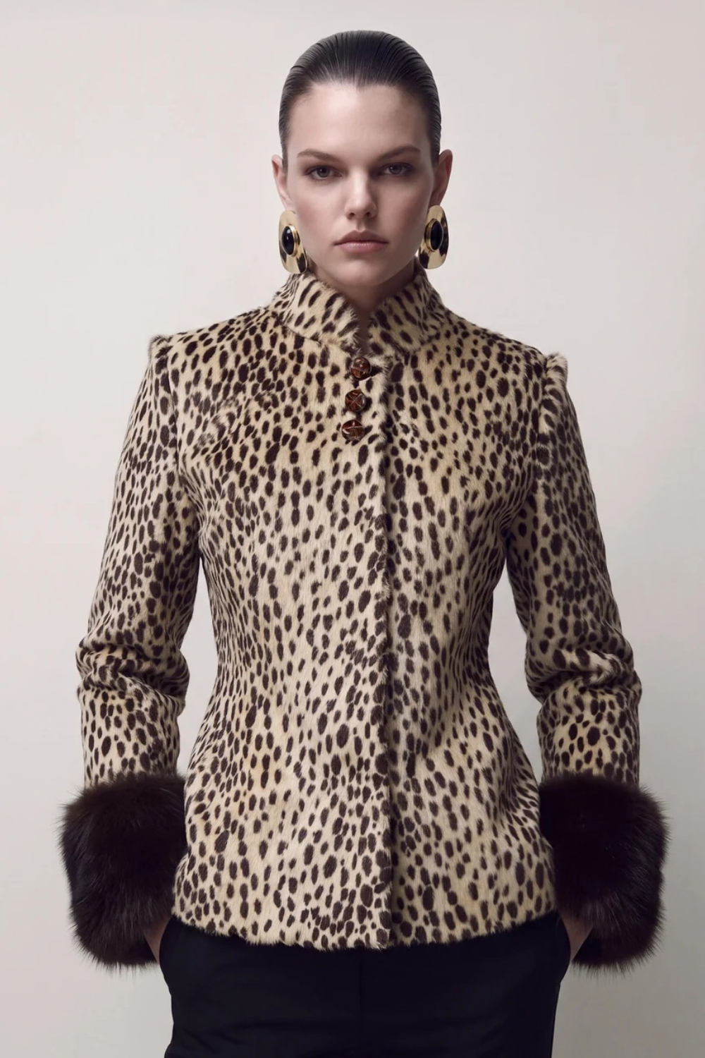 Marine Robin | Women's Leopard Print Jacket with Faux Fur Cuffs – Fitted Short Jacket