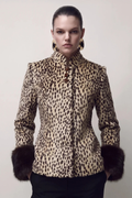 Marine Robin | Women's Leopard Print Jacket with Faux Fur Cuffs – Fitted Short Jacket