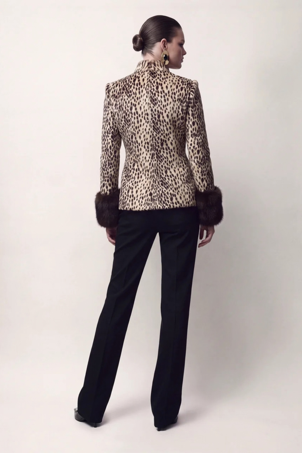 Marine Robin | Women's Leopard Print Jacket with Faux Fur Cuffs – Fitted Short Jacket