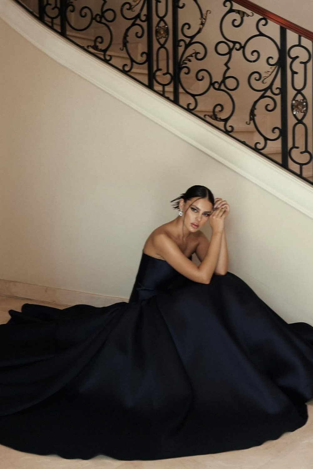 Juliette Moreau | Navy Satin Corset Ball Gown – Strapless Voluminous Maxi Formal Dress