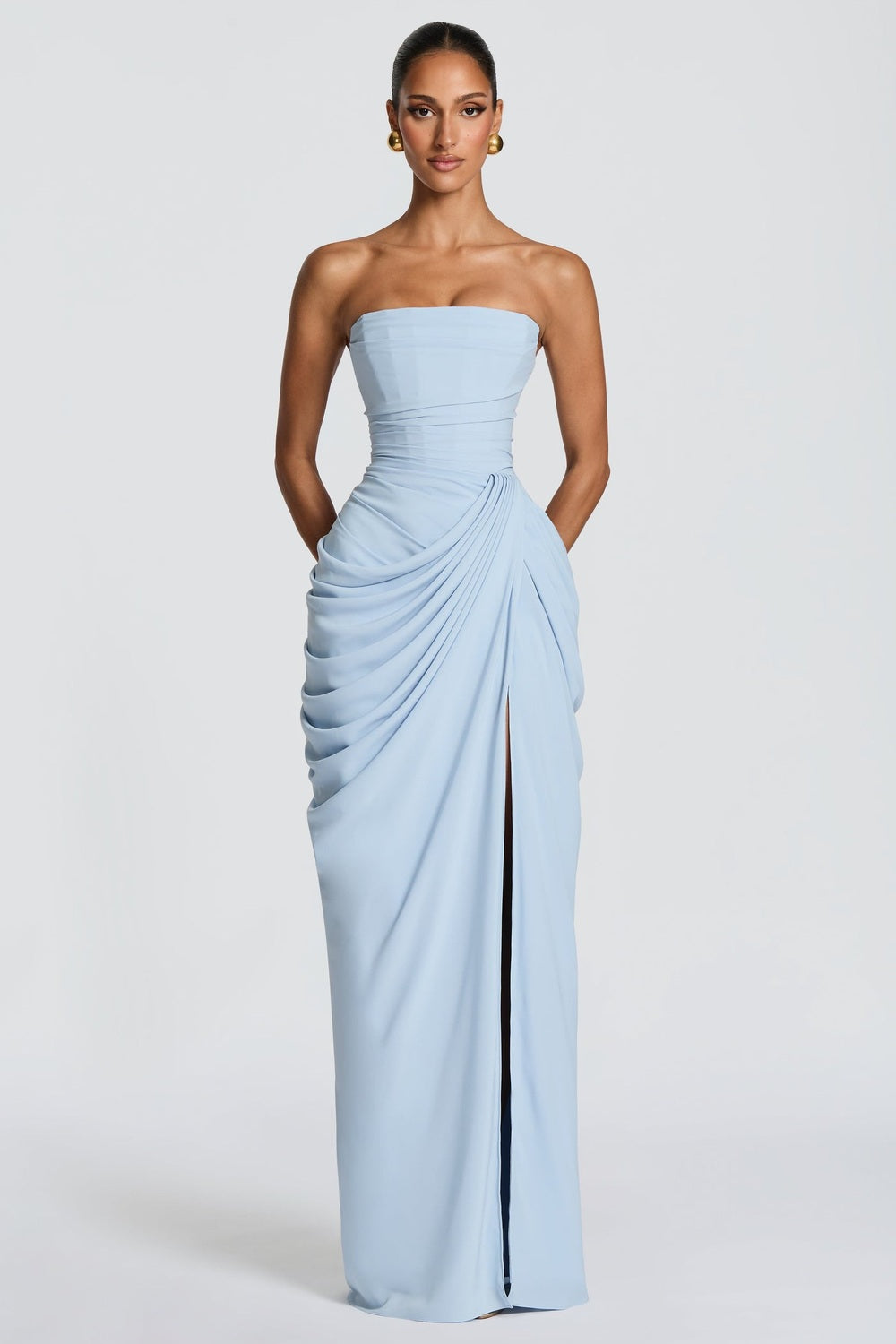 Claire Michel | Strapless Ruched Maxi Dress – High Thigh Slit Draped Bodycon Evening Gown
