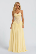 Louise Girard | Lace Corset Maxi Dress – Bustier Drop Waist Pleated Flowy Vintage Gown