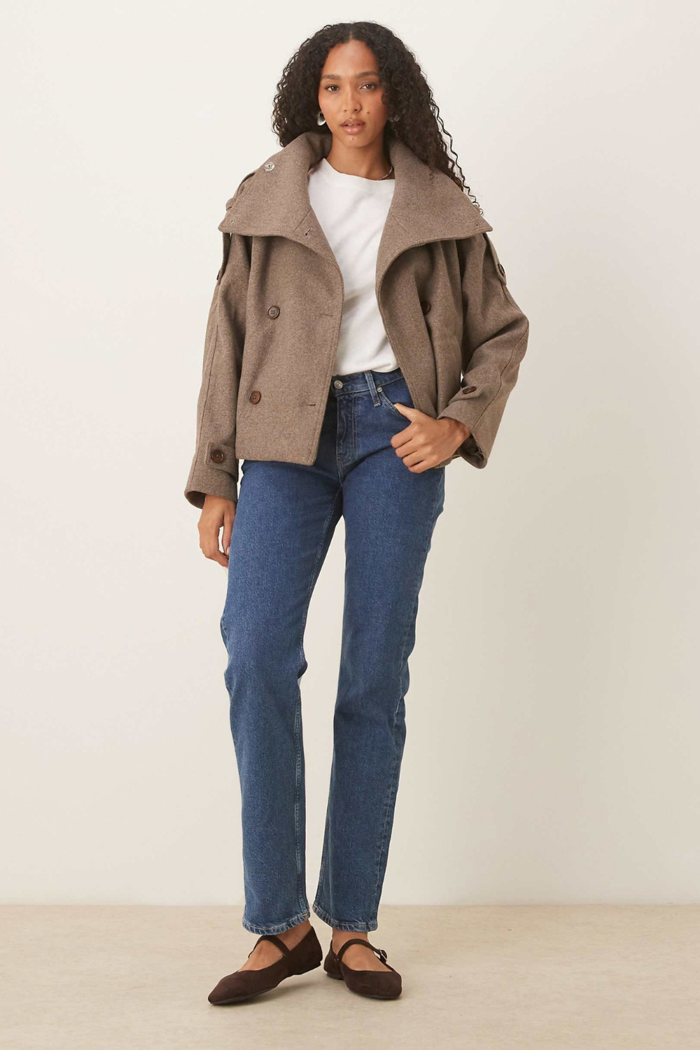 Coralie Legrand | Women's Short Trench Coat with Funnel Neck – Taupe Double-Breasted Jacket