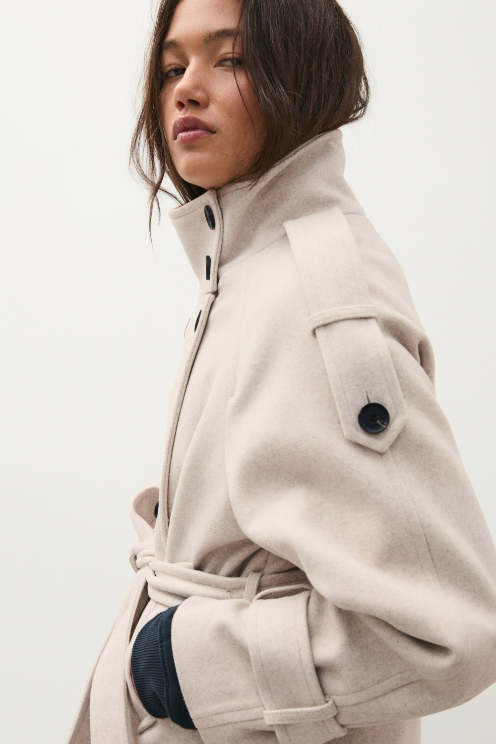 Hélène Blanchard | Women's Black Funnel Neck Trench Coat – Short Belted Double-Breasted Jacket