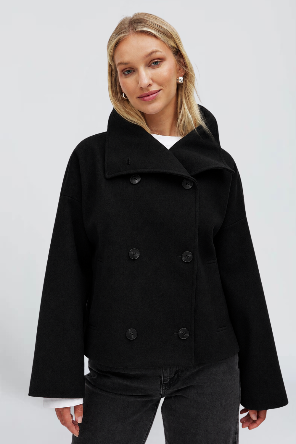 Célia Meyer | Women's Cropped Trench Jacket with Funnel Neck – Double-Breasted Cotton Coat