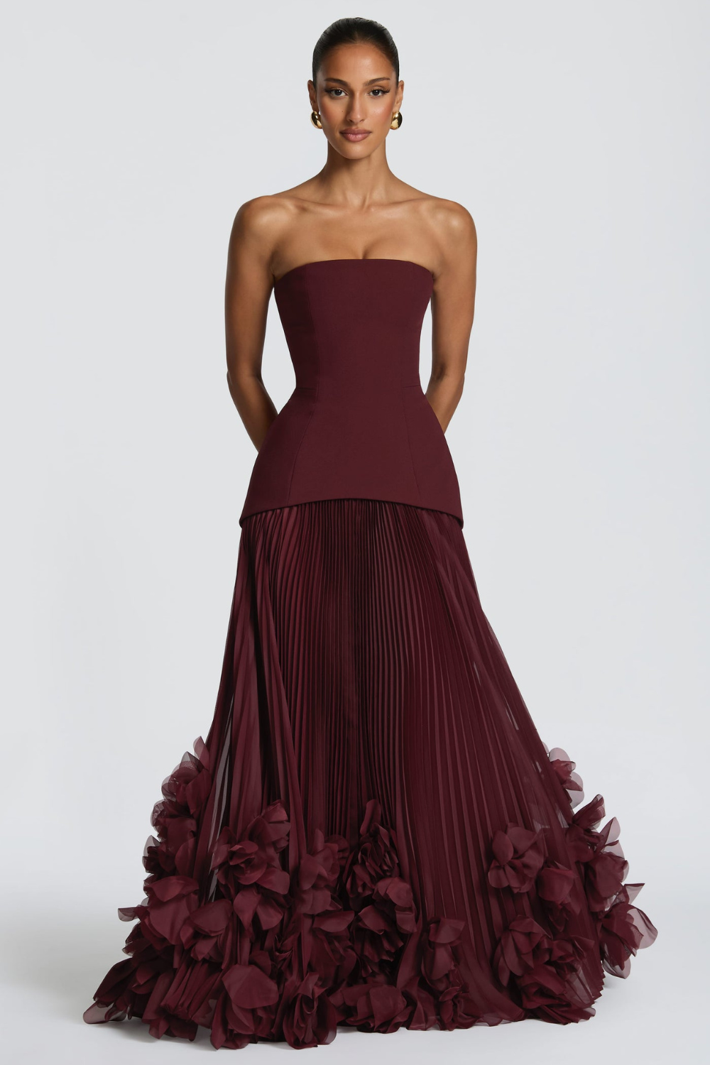 Aurélie Vincent | Cherry Red Pleated Maxi Dress – Strapless Bustier 3D Flower Organza Evening Gown