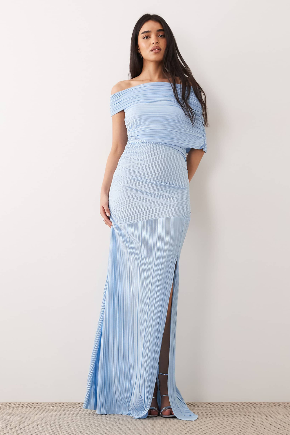 LÉONIE VAUPERCHE | Pleated Off Shoulder Maxi Dress – Asymmetric Ruched Side Slit Evening Gown