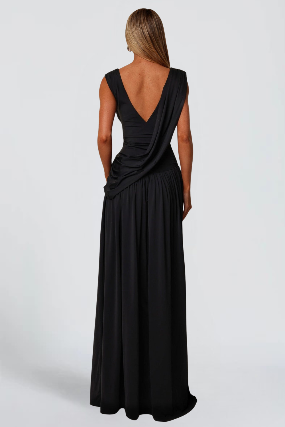 GISÈLE DE MONTCLAR | Grecian Draped Maxi Dress – Pleated V-Neck Cape Back Thigh Slit Evening Gown