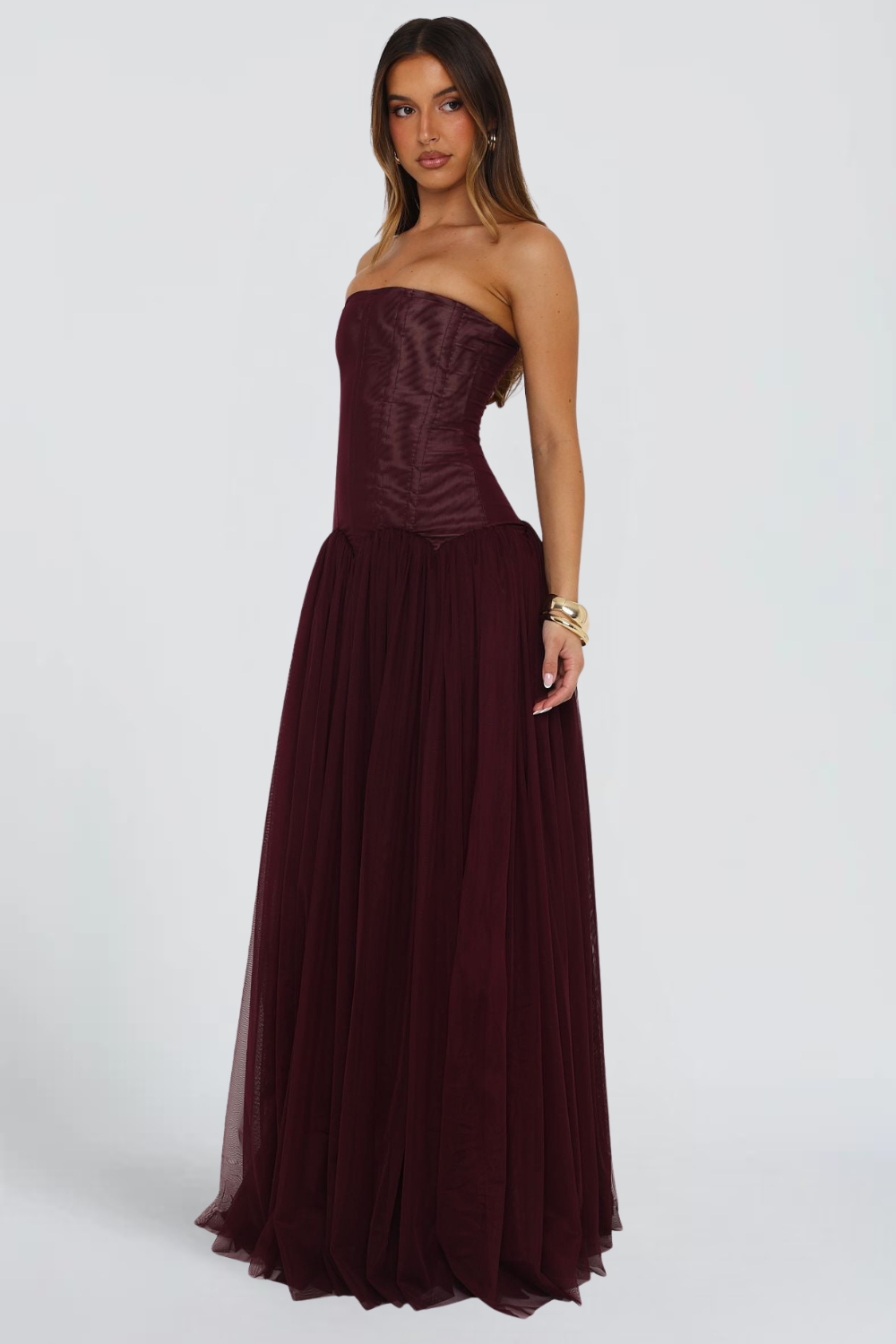 Margot Morel | Strapless Corset Tulle Maxi Dress – Pleated Boned Bodice Ball Gown