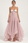 Céline Rousseau | Organza Corset Maxi Dress – Embroidered Spaghetti Strap Handkerchief Hem Princess Gown