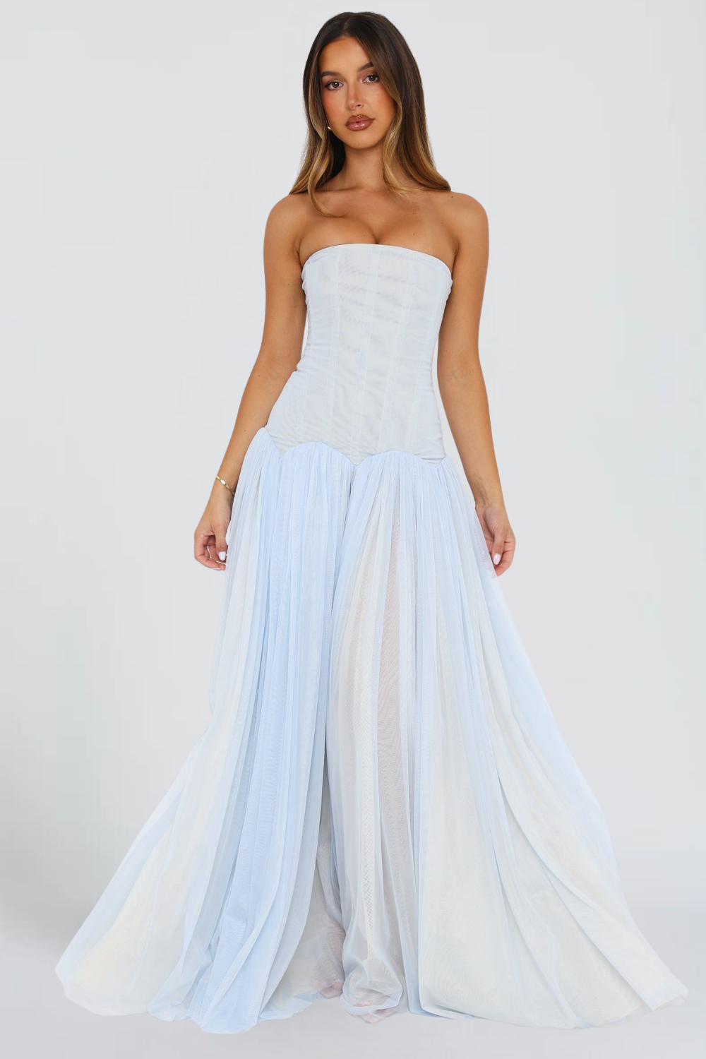 Margot Morel | Strapless Corset Tulle Maxi Dress – Pleated Boned Bodice Ball Gown
