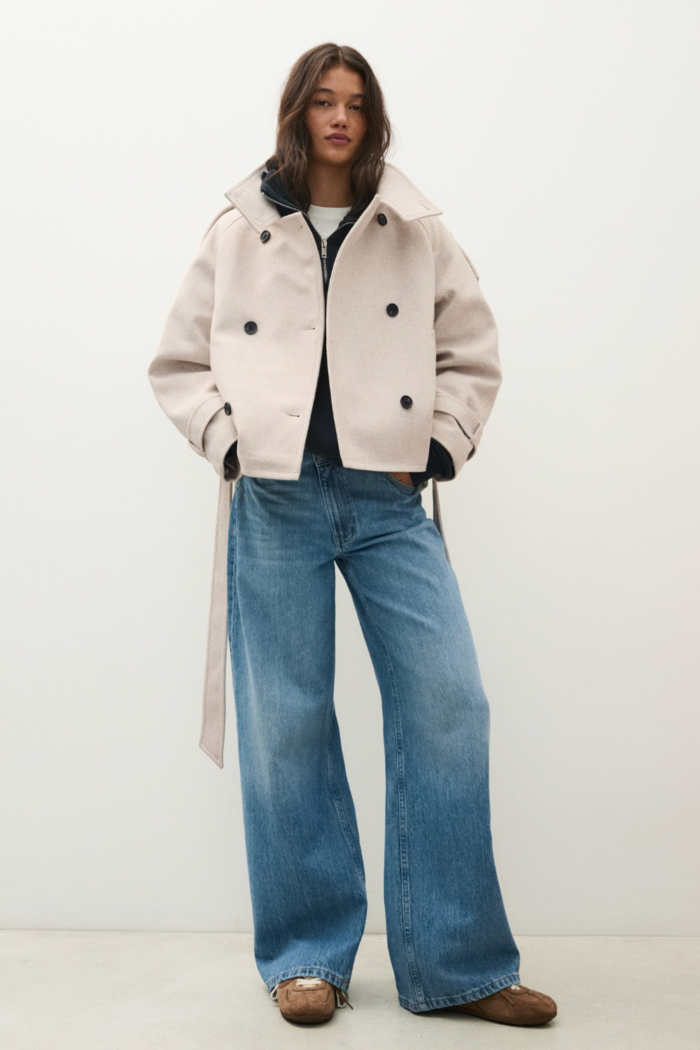 Hélène Blanchard | Women's Black Funnel Neck Trench Coat – Short Belted Double-Breasted Jacket