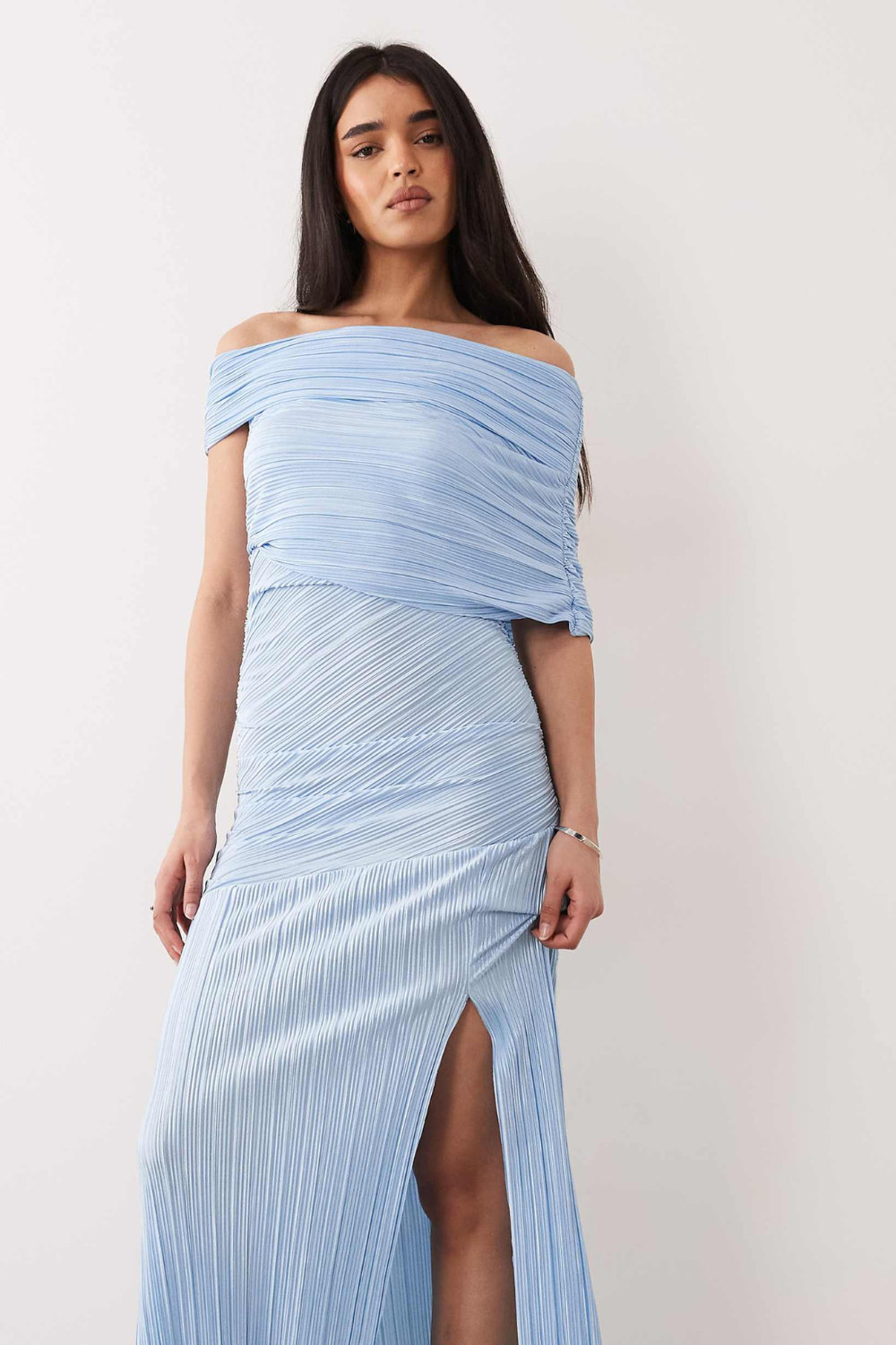 LÉONIE VAUPERCHE | Pleated Off Shoulder Maxi Dress – Asymmetric Ruched Side Slit Evening Gown