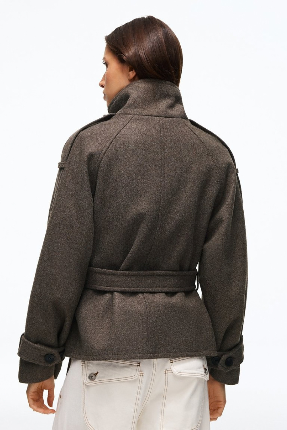 Hélène Blanchard | Women's Black Funnel Neck Trench Coat – Short Belted Double-Breasted Jacket