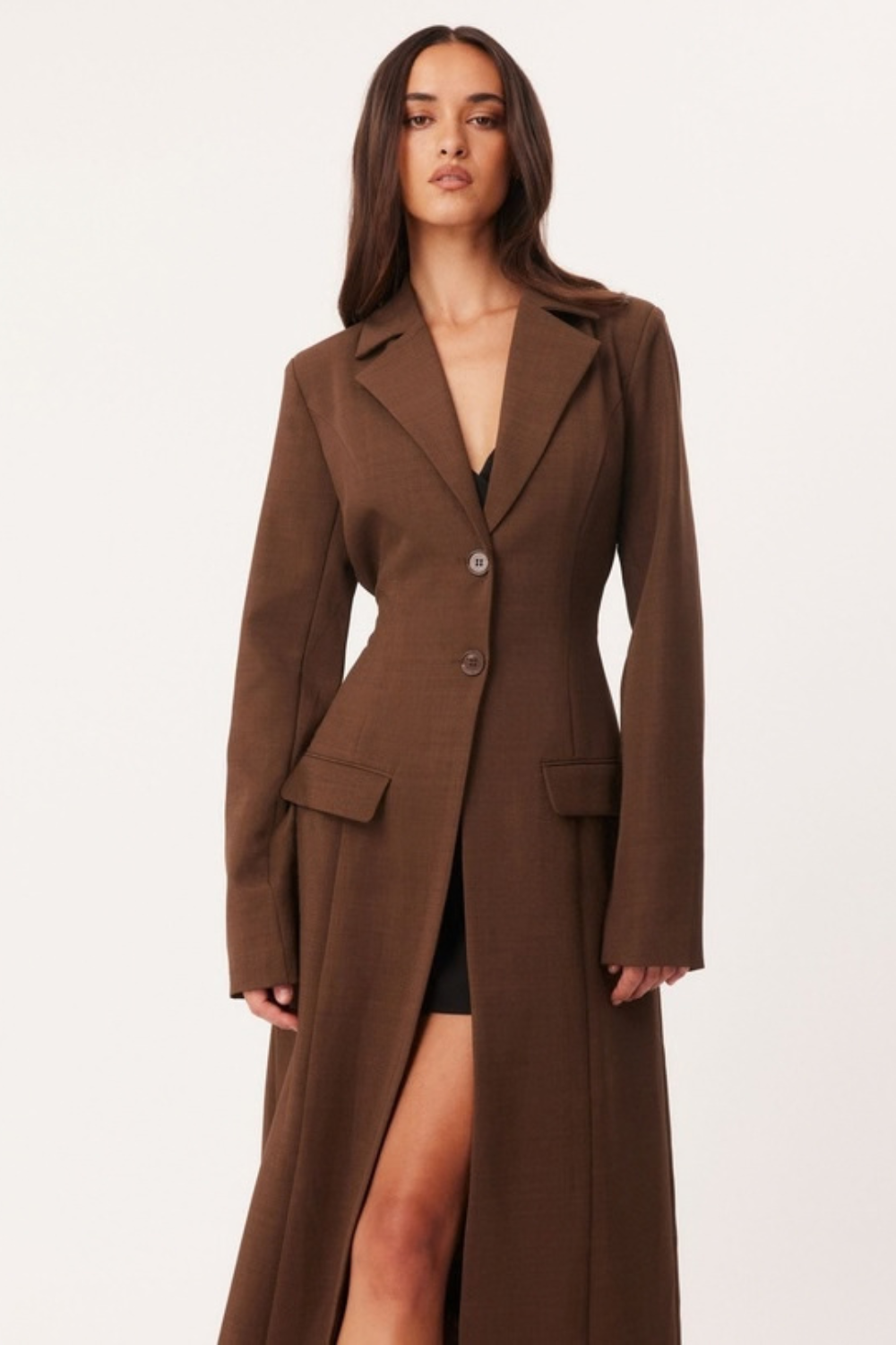 Amandine Gauthier | Women's Long Brown Coat – Fitted Single-Breasted Maxi Coat