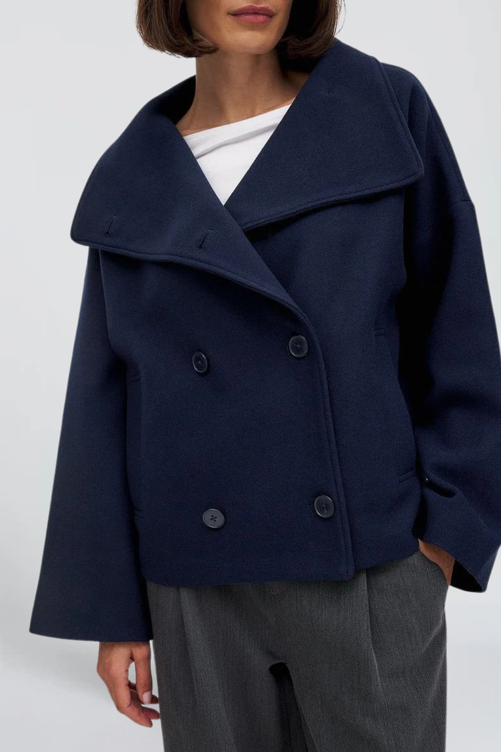 Célia Meyer | Women's Cropped Trench Jacket with Funnel Neck – Double-Breasted Cotton Coat