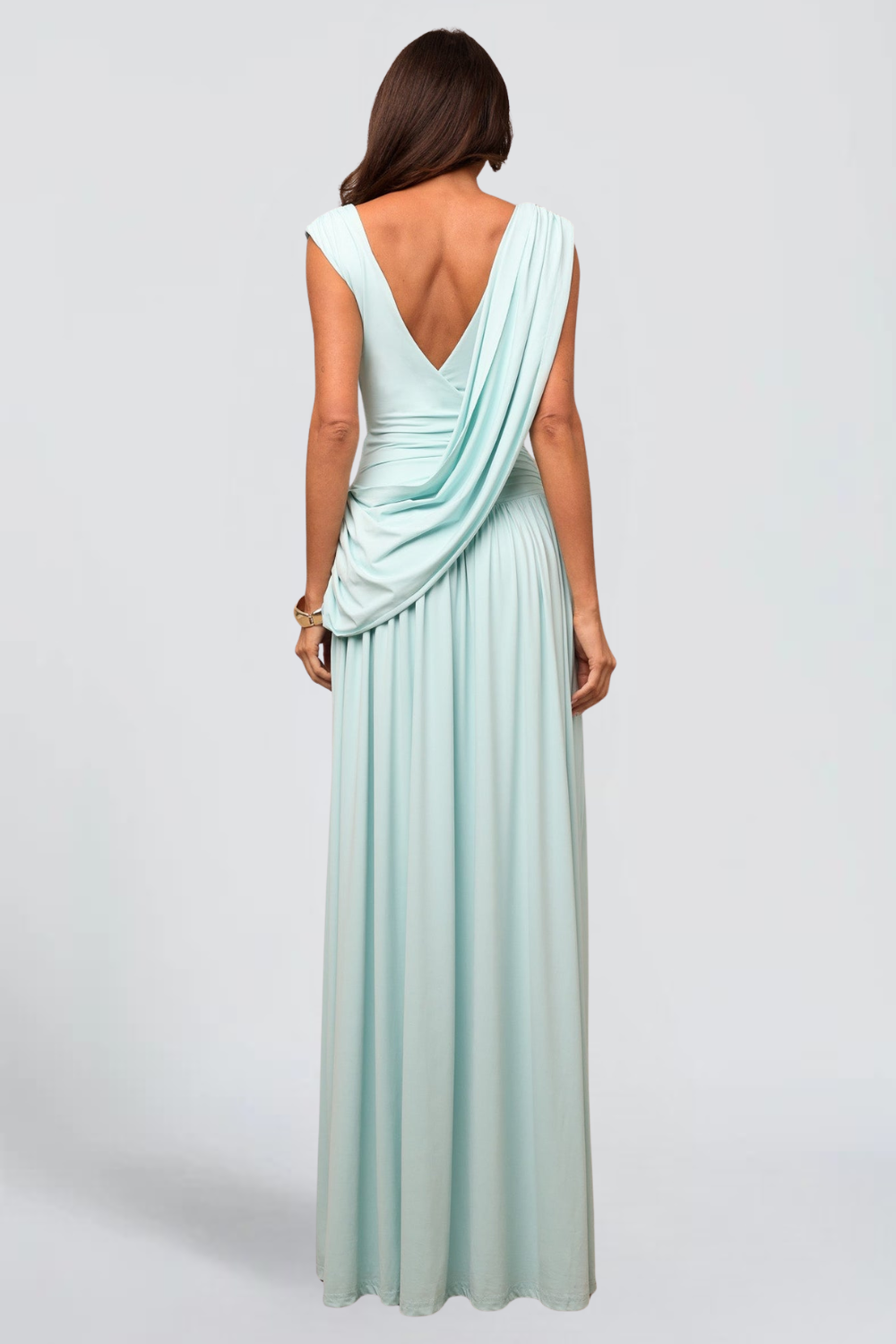 GISÈLE DE MONTCLAR | Grecian Draped Maxi Dress – Pleated V-Neck Cape Back Thigh Slit Evening Gown