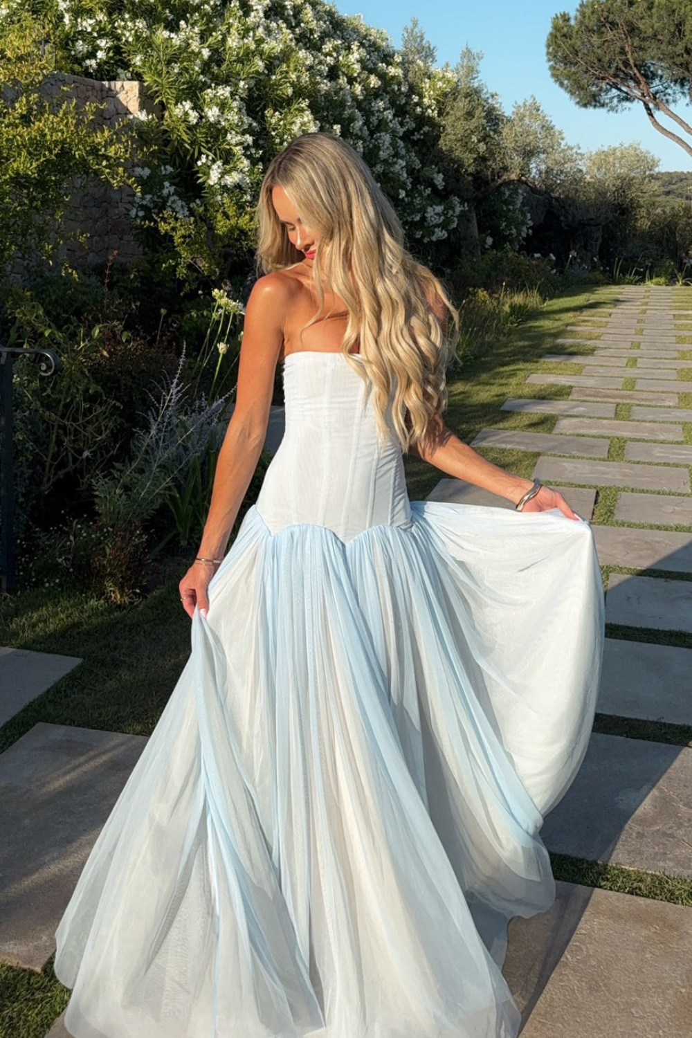 Margot Morel | Strapless Corset Tulle Maxi Dress – Pleated Boned Bodice Ball Gown