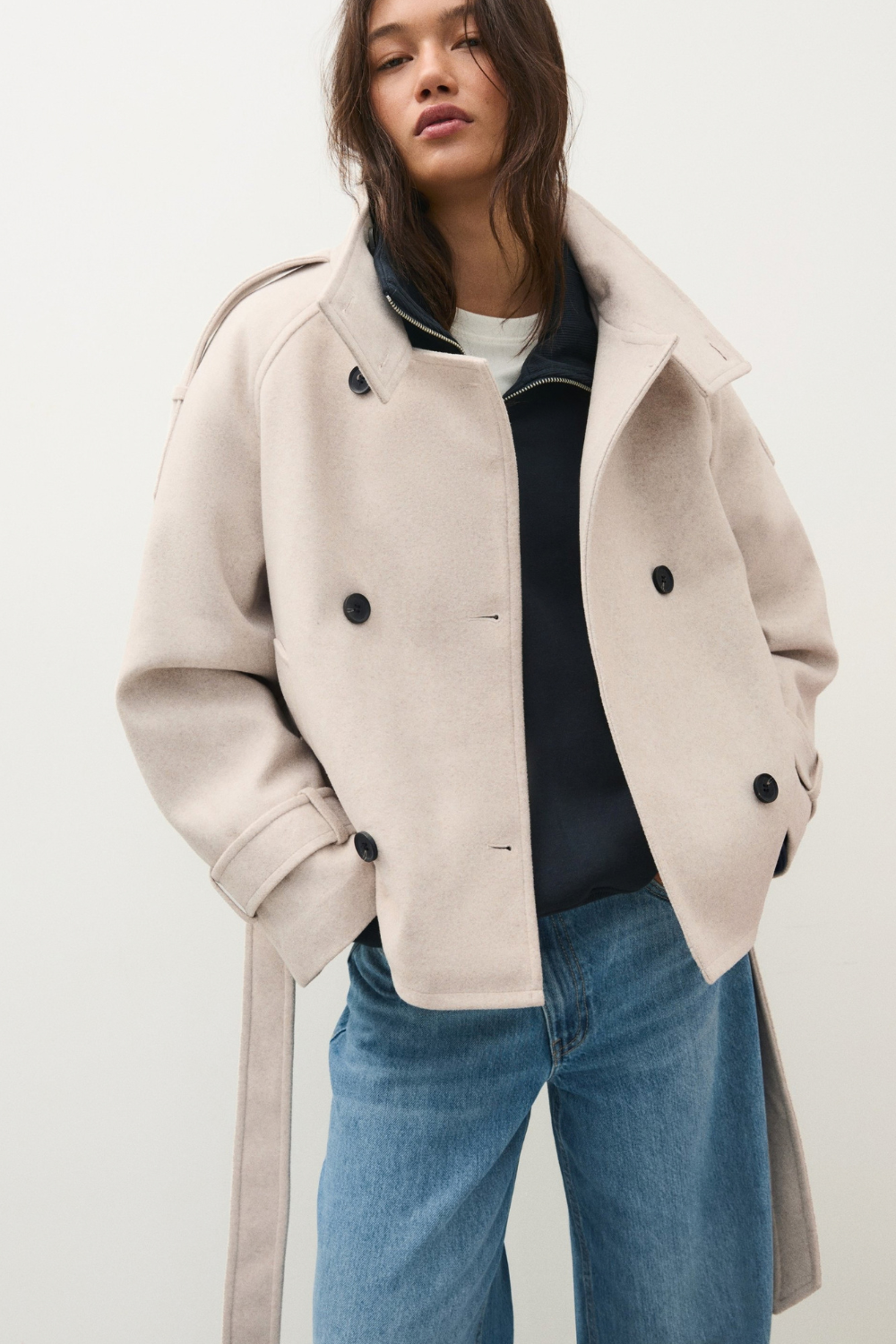 Hélène Blanchard | Women's Black Funnel Neck Trench Coat – Short Belted Double-Breasted Jacket