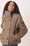 Coralie Legrand | Women's Short Trench Coat with Funnel Neck – Taupe Double-Breasted Jacket