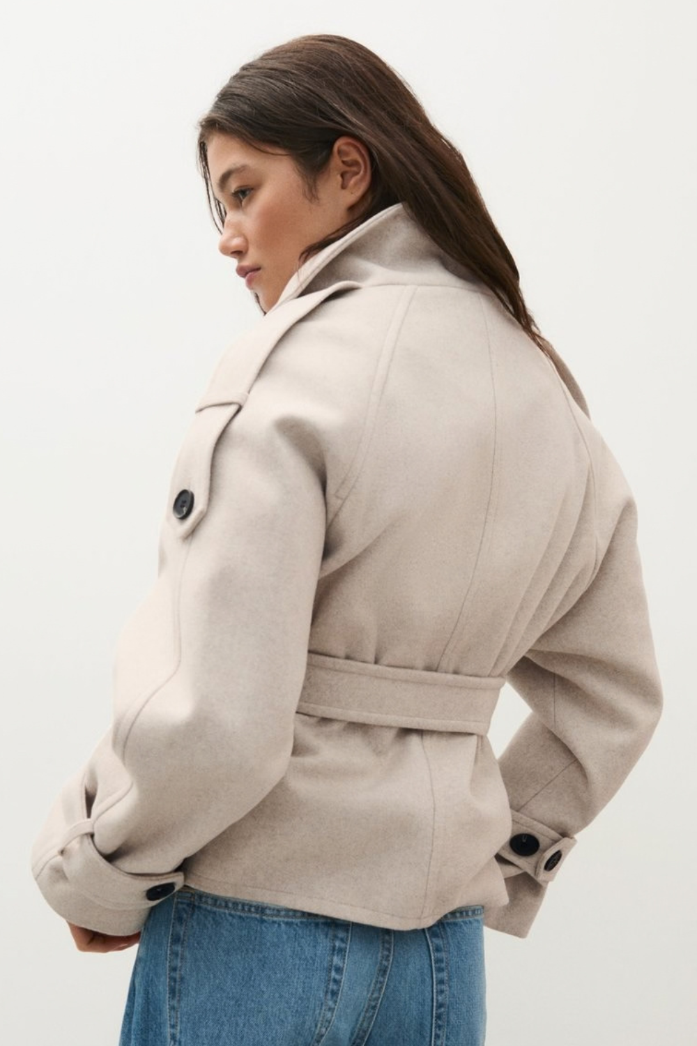 Hélène Blanchard | Women's Black Funnel Neck Trench Coat – Short Belted Double-Breasted Jacket