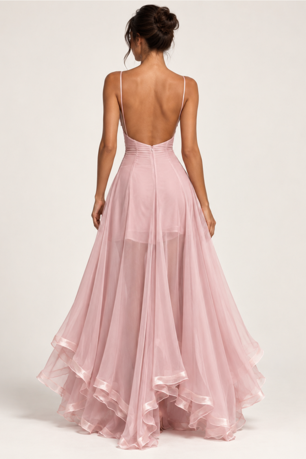 Céline Rousseau | Organza Corset Maxi Dress – Embroidered Spaghetti Strap Handkerchief Hem Princess Gown