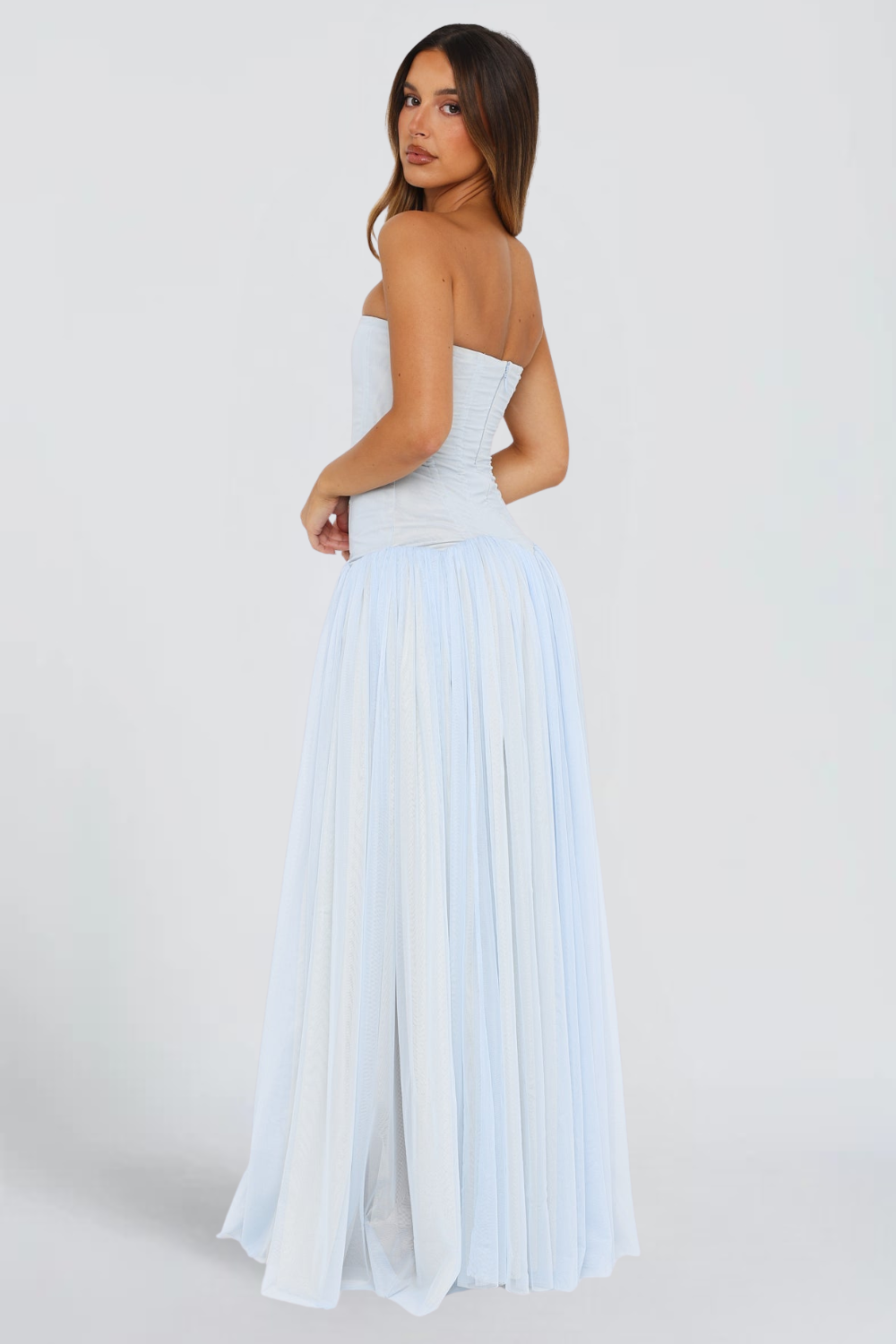 Margot Morel | Strapless Corset Tulle Maxi Dress – Pleated Boned Bodice Ball Gown