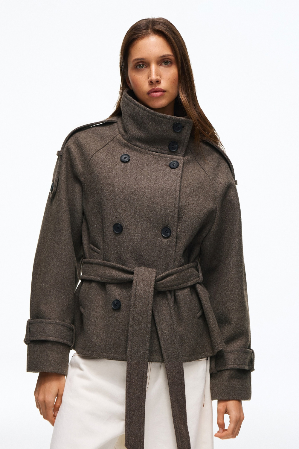 Hélène Blanchard | Women's Black Funnel Neck Trench Coat – Short Belted Double-Breasted Jacket