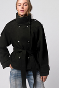 Hélène Blanchard | Women's Black Funnel Neck Trench Coat – Short Belted Double-Breasted Jacket