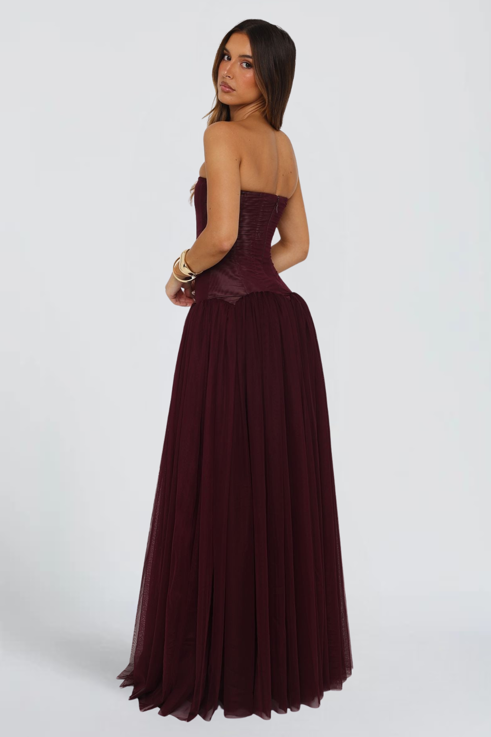 Margot Morel | Strapless Corset Tulle Maxi Dress – Pleated Boned Bodice Ball Gown