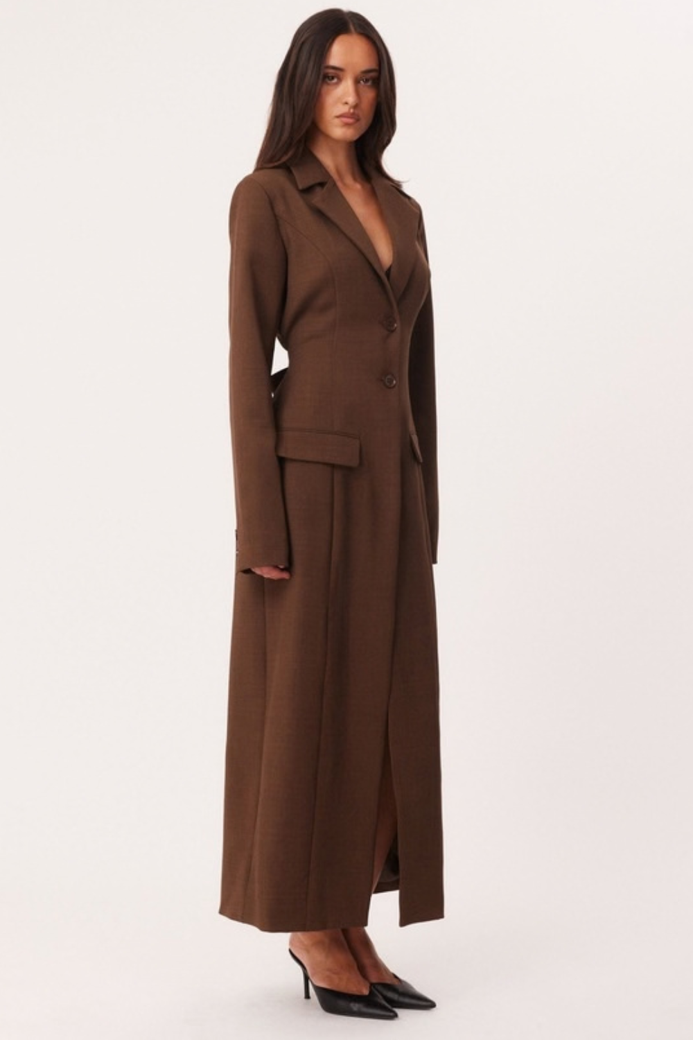 Amandine Gauthier | Women's Long Brown Coat – Fitted Single-Breasted Maxi Coat