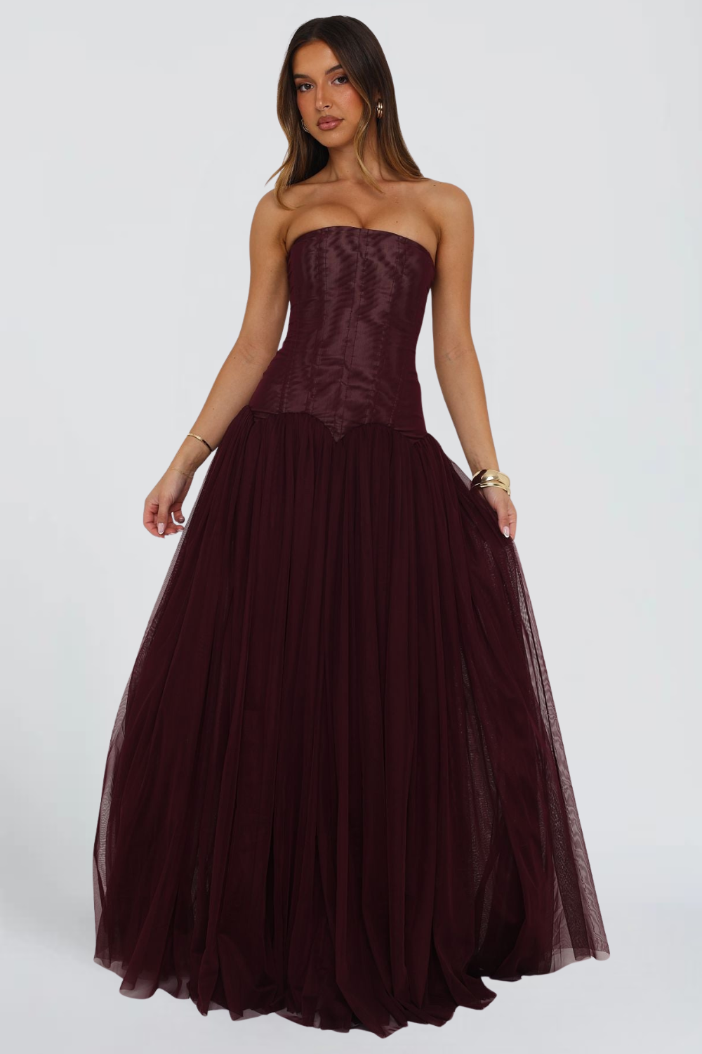 Margot Morel | Strapless Corset Tulle Maxi Dress – Pleated Boned Bodice Ball Gown