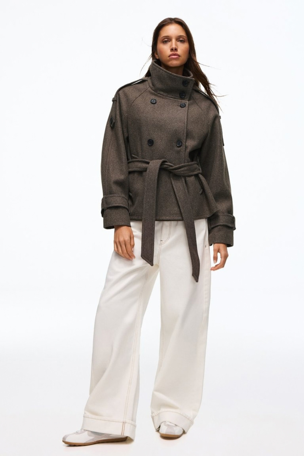 Hélène Blanchard | Women's Black Funnel Neck Trench Coat – Short Belted Double-Breasted Jacket