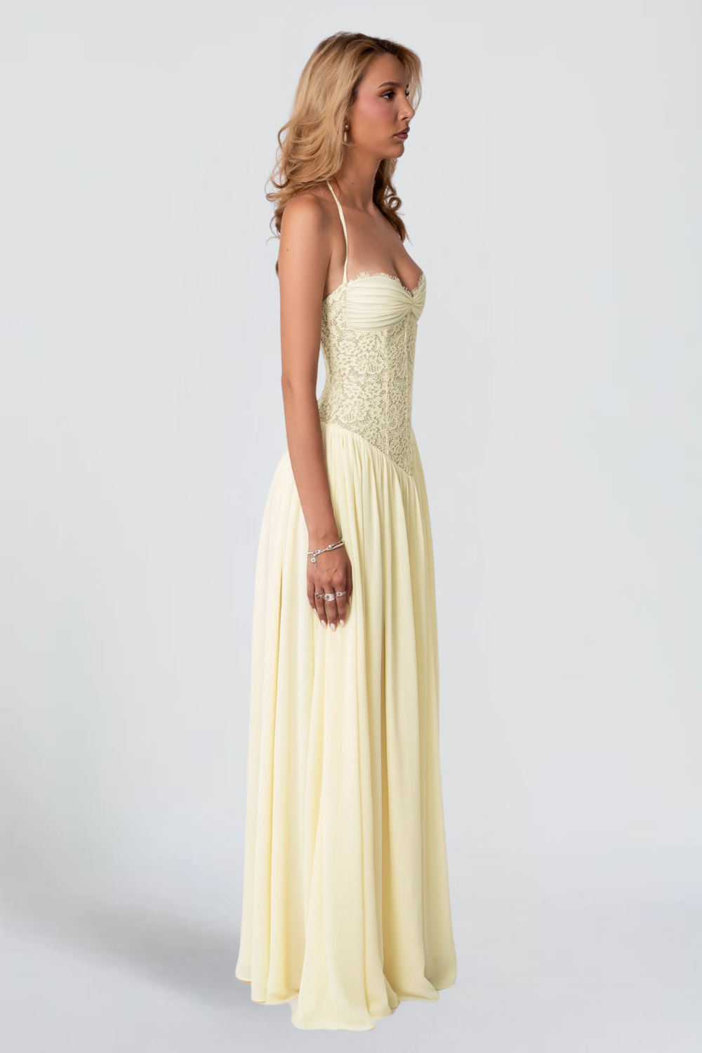Louise Girard | Lace Corset Maxi Dress – Bustier Drop Waist Pleated Flowy Vintage Gown