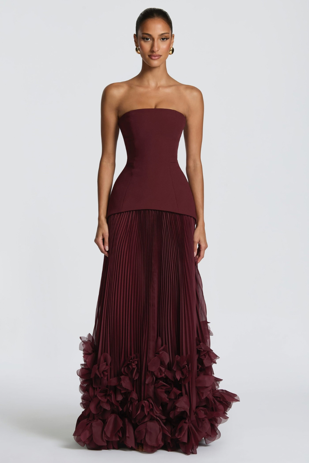 Aurélie Vincent | Cherry Red Pleated Maxi Dress – Strapless Bustier 3D Flower Organza Evening Gown