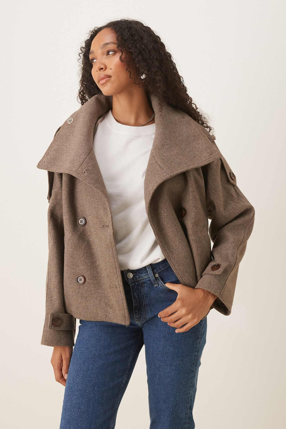 Coralie Legrand | Women's Short Trench Coat with Funnel Neck – Taupe Double-Breasted Jacket