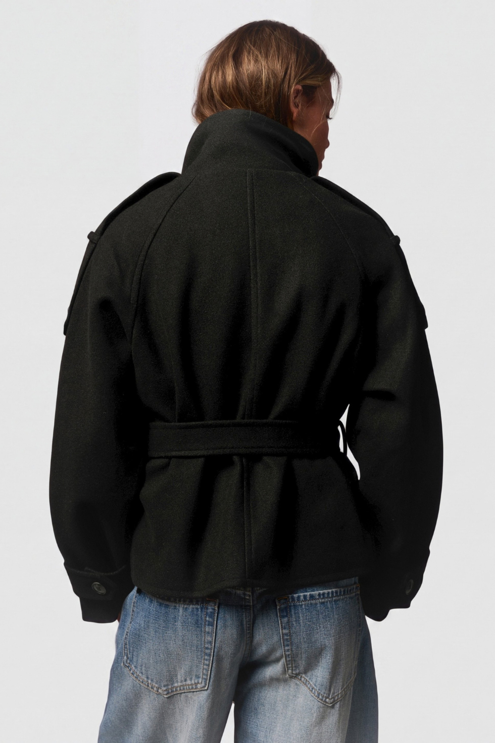 Hélène Blanchard | Women's Black Funnel Neck Trench Coat – Short Belted Double-Breasted Jacket