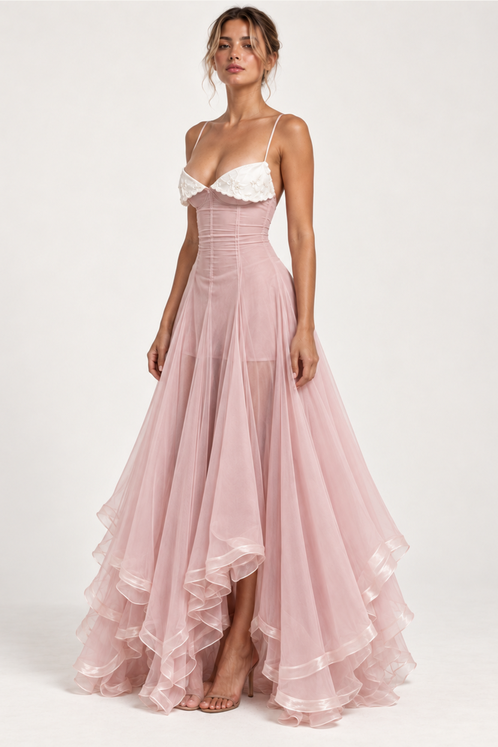Céline Rousseau | Organza Corset Maxi Dress – Embroidered Spaghetti Strap Handkerchief Hem Princess Gown