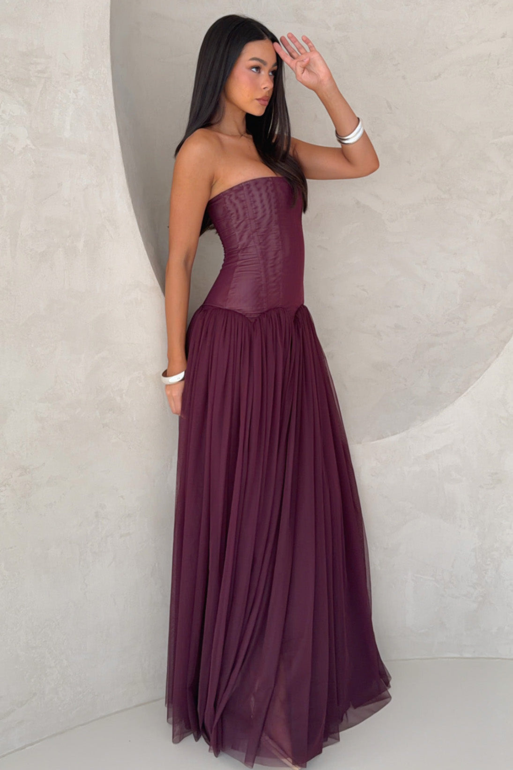 Margot Morel | Strapless Corset Tulle Maxi Dress – Pleated Boned Bodice Ball Gown